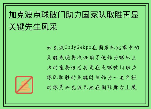 加克波点球破门助力国家队取胜再显关键先生风采 加克波点球破门助力国家队取胜再显关键先生风采